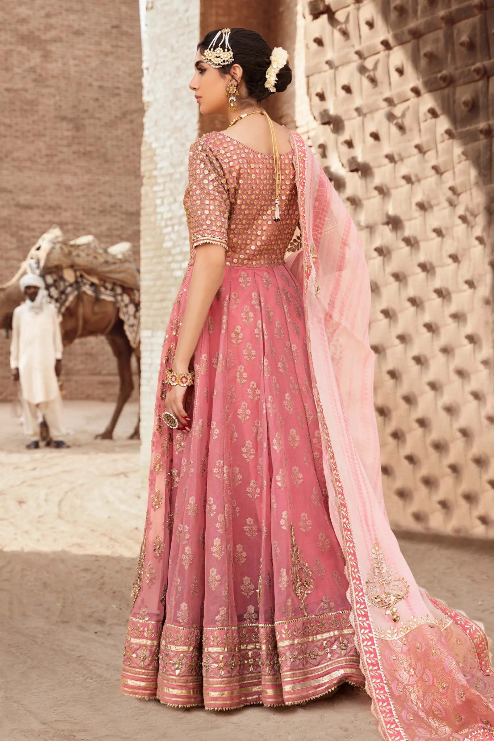 Pink Pakistani Bridal Dress in Pishwas Frock Style