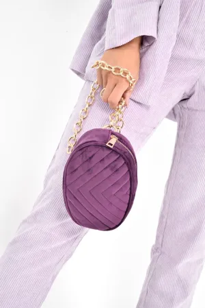Purple Velvet Oval Quilted Chainlink Belt Bag - Kittie