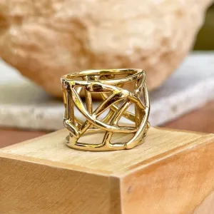 "The Sharona" 14KT Yellow Gold Wide Artistic Design Cigar Band Ring