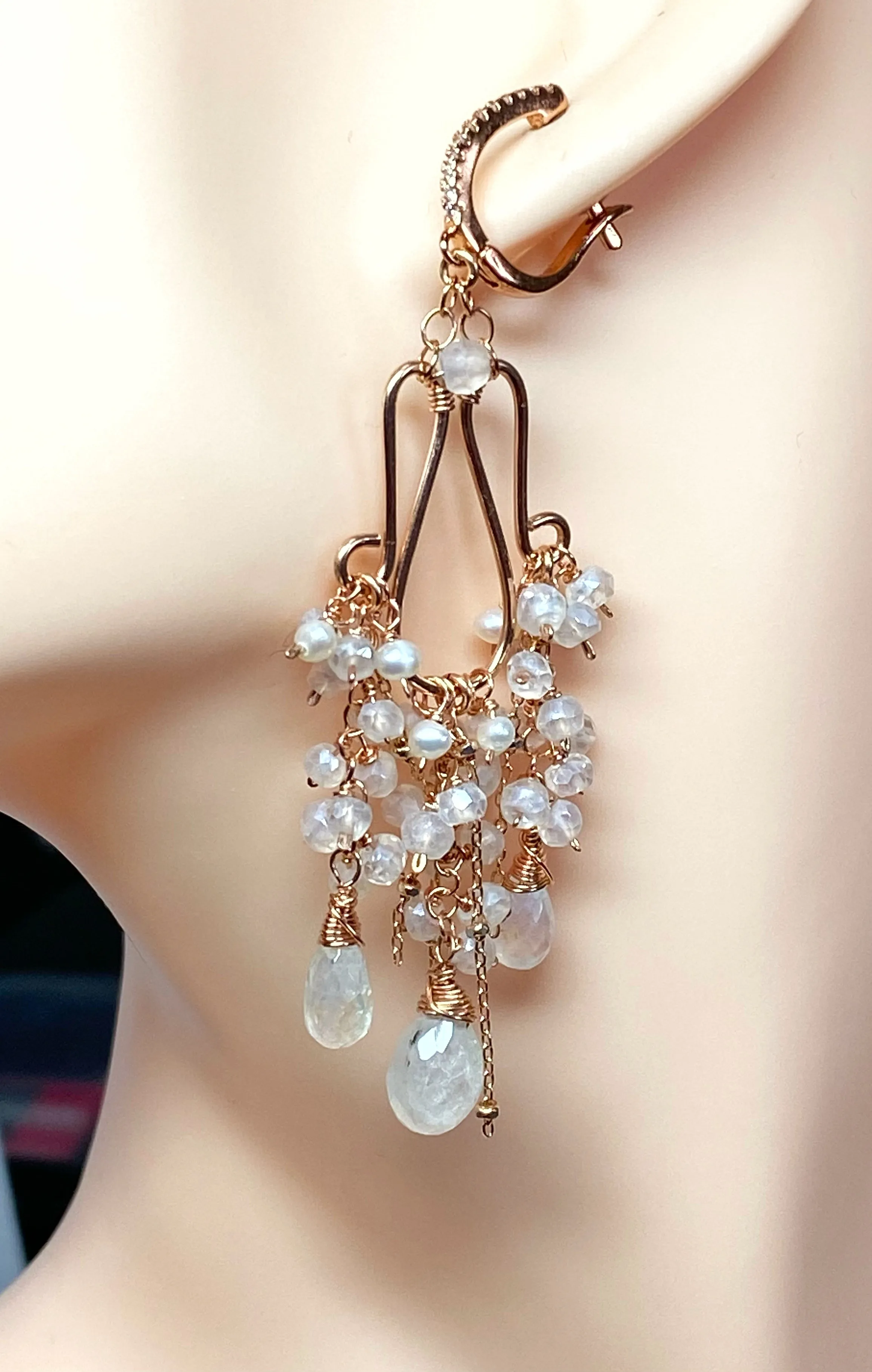 Rainbow Moonstone Statement Rose Gold Chandelier Earrings Boho Bridal Wedding