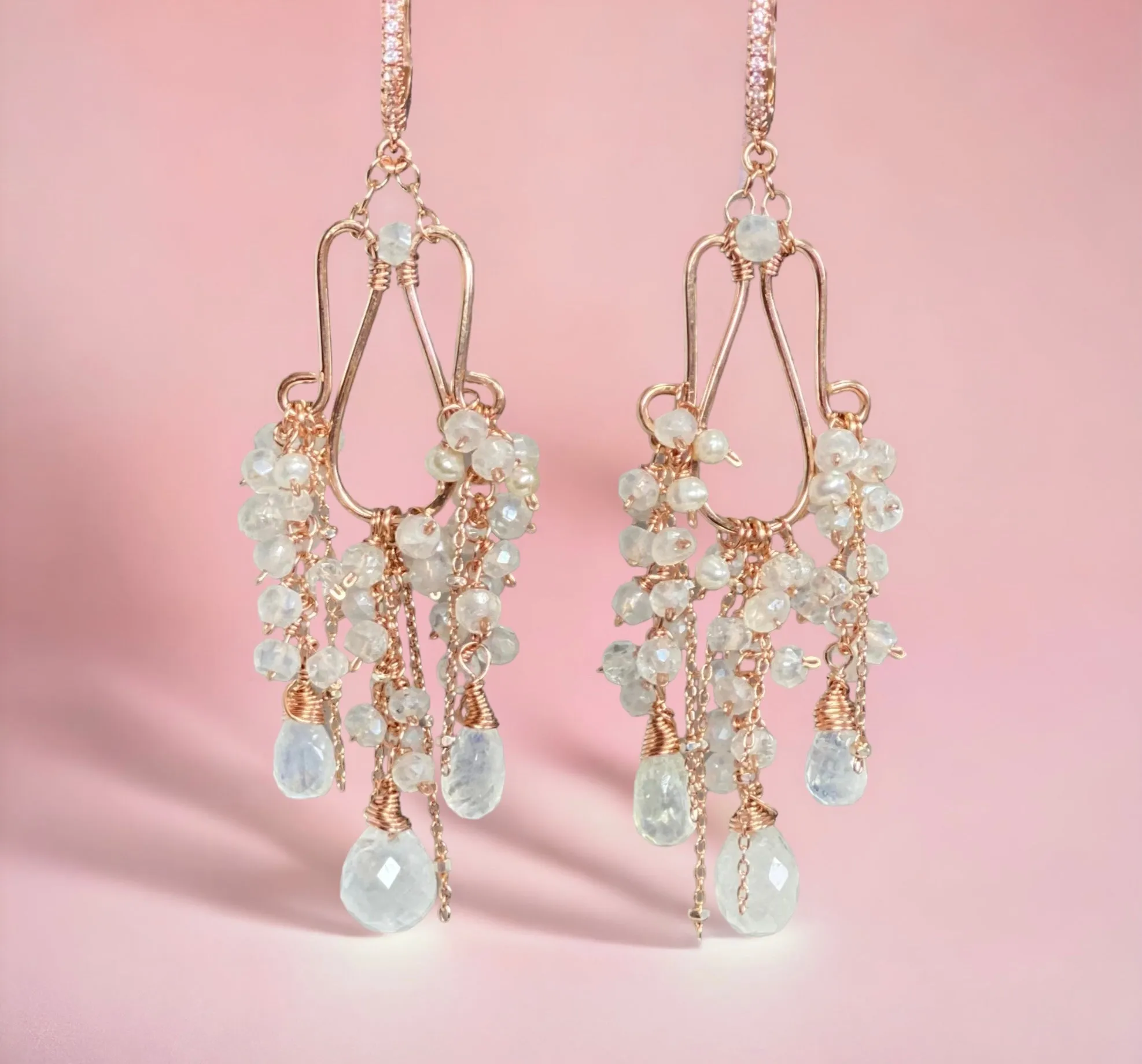Rainbow Moonstone Statement Rose Gold Chandelier Earrings Boho Bridal Wedding