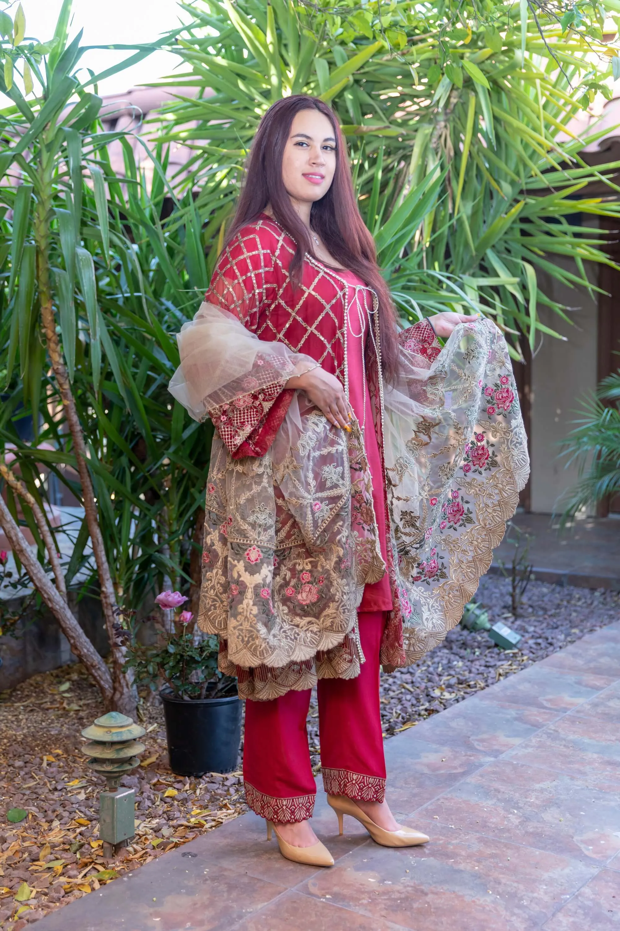 Red Chiffon Embroidered Shirt, Net Embroidery Scarf, Silk Shirt & Pant With Gold Trim