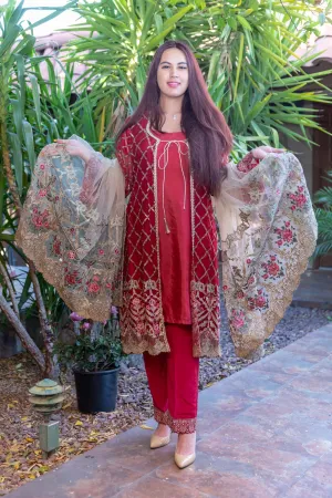 Red Chiffon Embroidered Shirt, Net Embroidery Scarf, Silk Shirt & Pant With Gold Trim