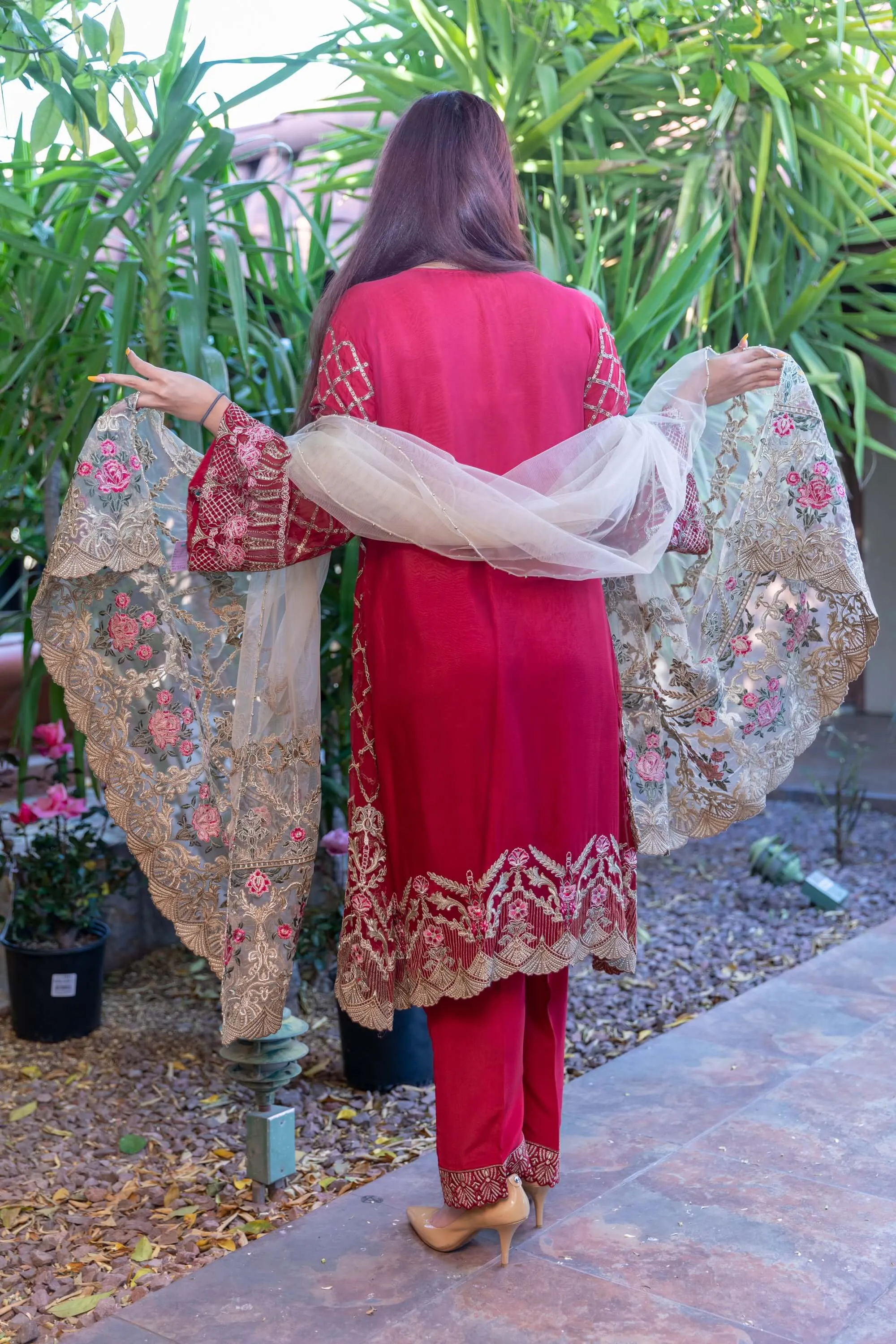 Red Chiffon Embroidered Shirt, Net Embroidery Scarf, Silk Shirt & Pant With Gold Trim