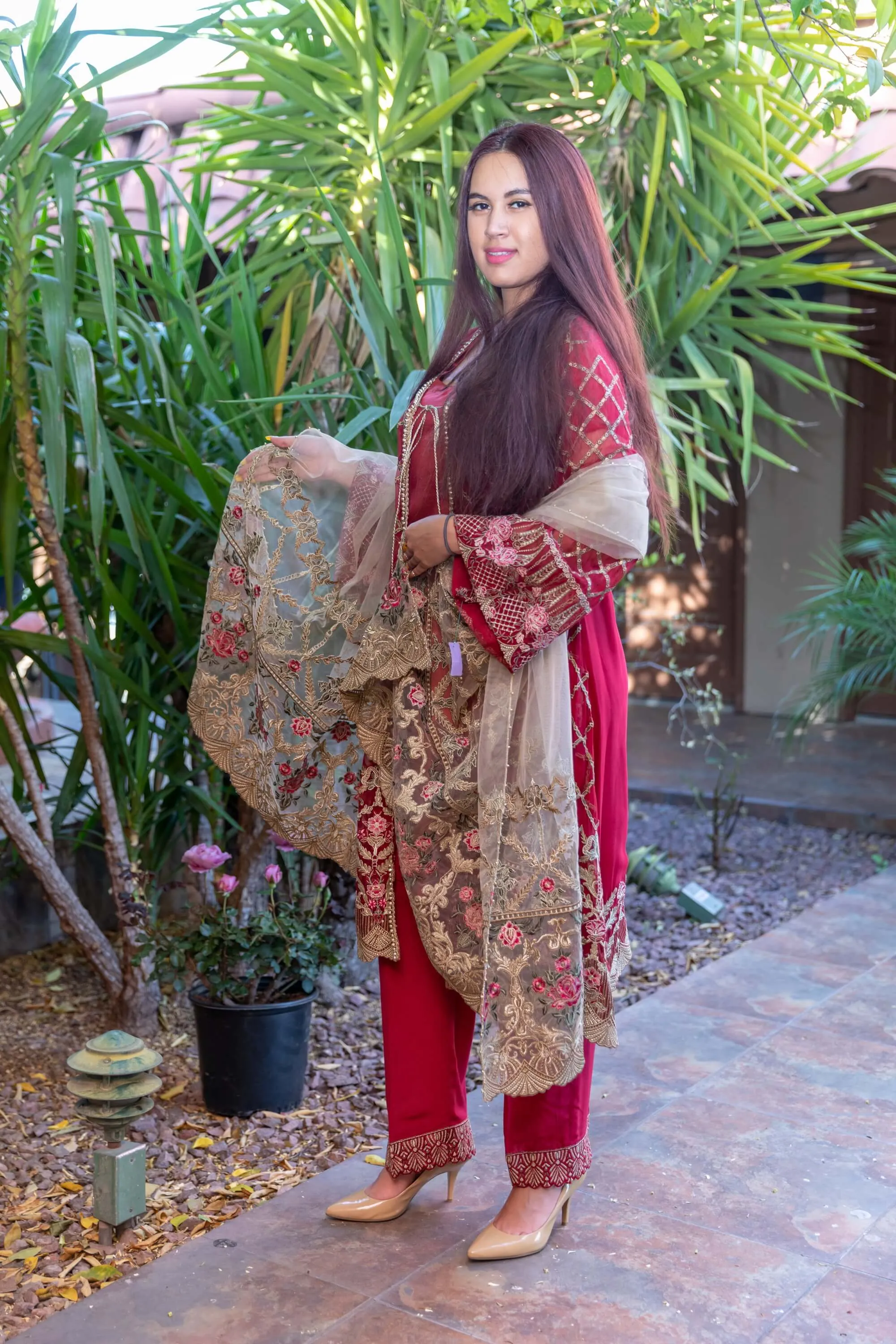 Red Chiffon Embroidered Shirt, Net Embroidery Scarf, Silk Shirt & Pant With Gold Trim