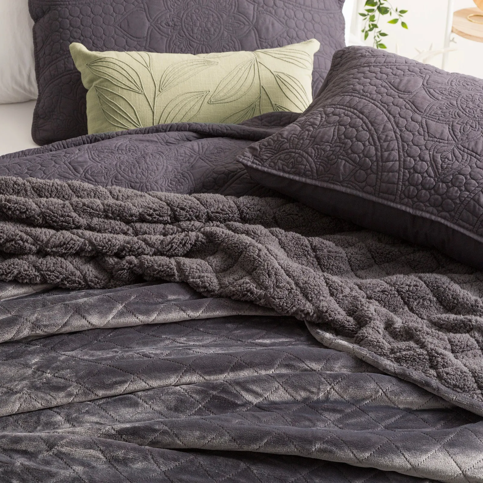 Renee Taylor Heston 480 GSM Ultra Soft Velvet Sherpa Blanket - GRAPHITE