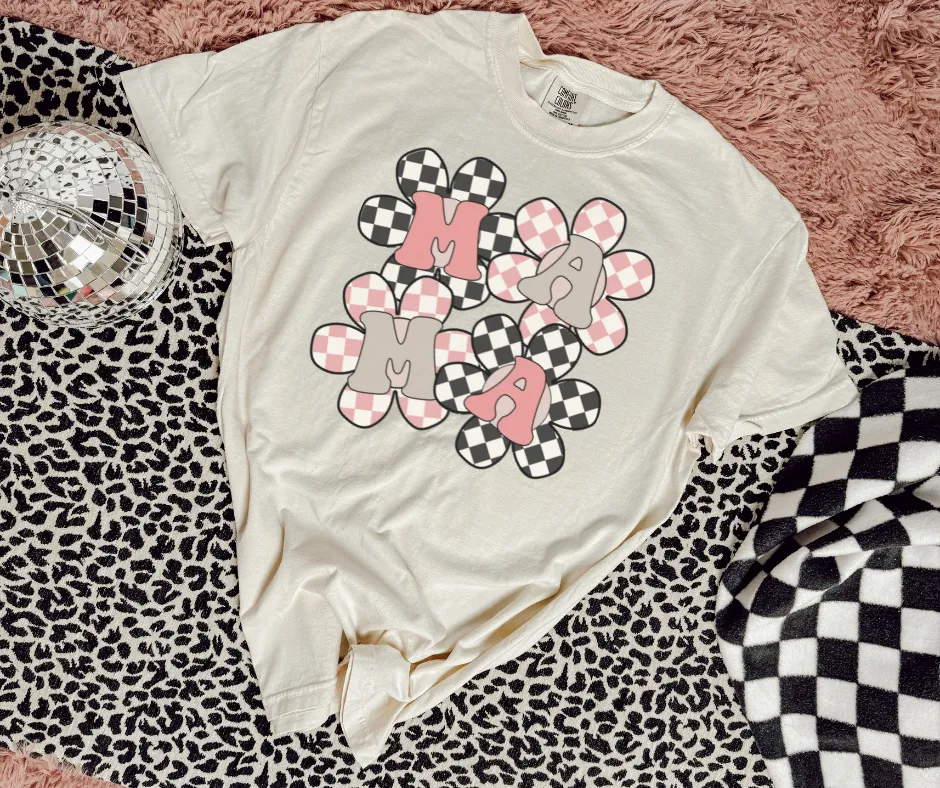 Retro Mama Checkered Flower Power Ivory Tee