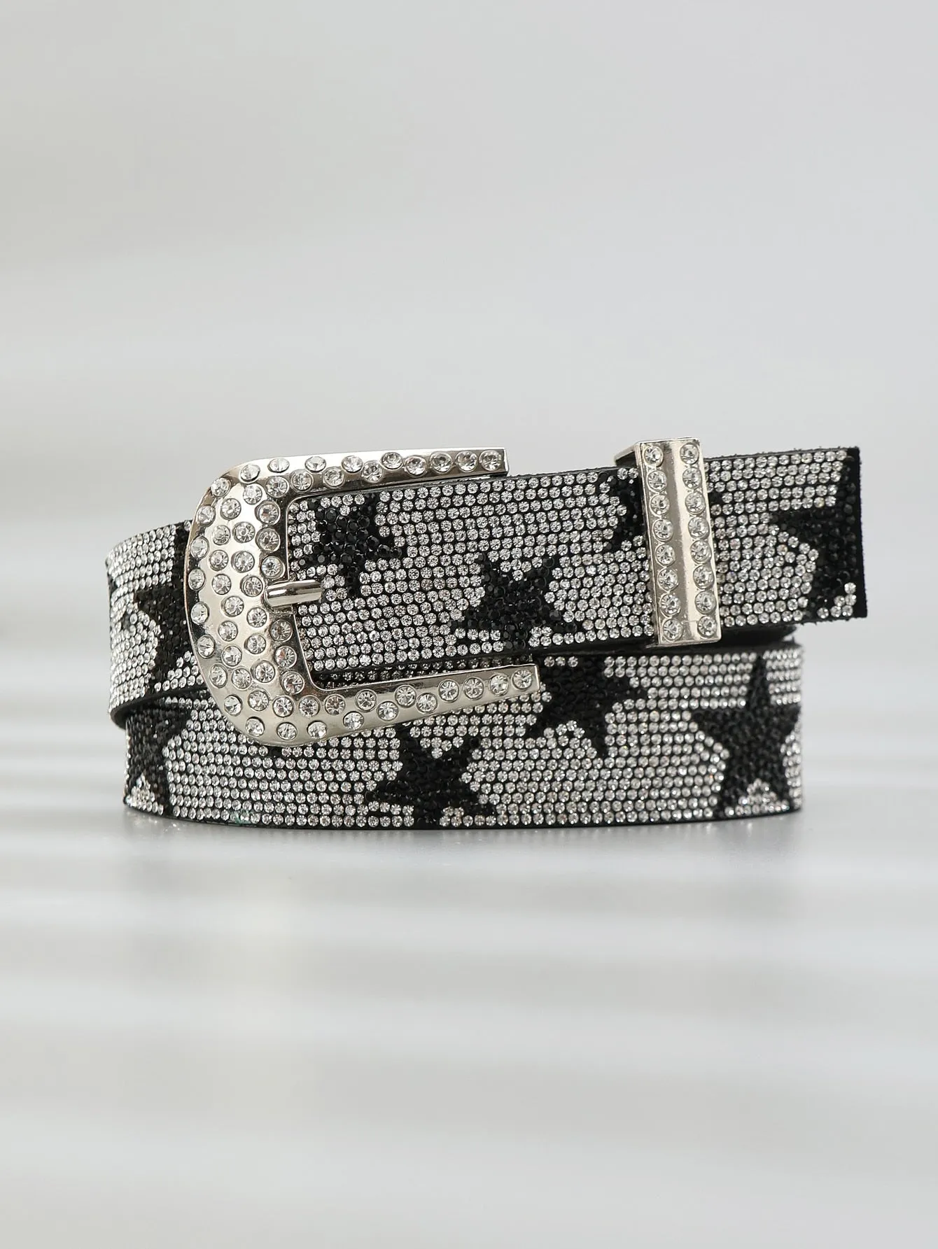 Rhinestone Star Decor Belt - Black and White