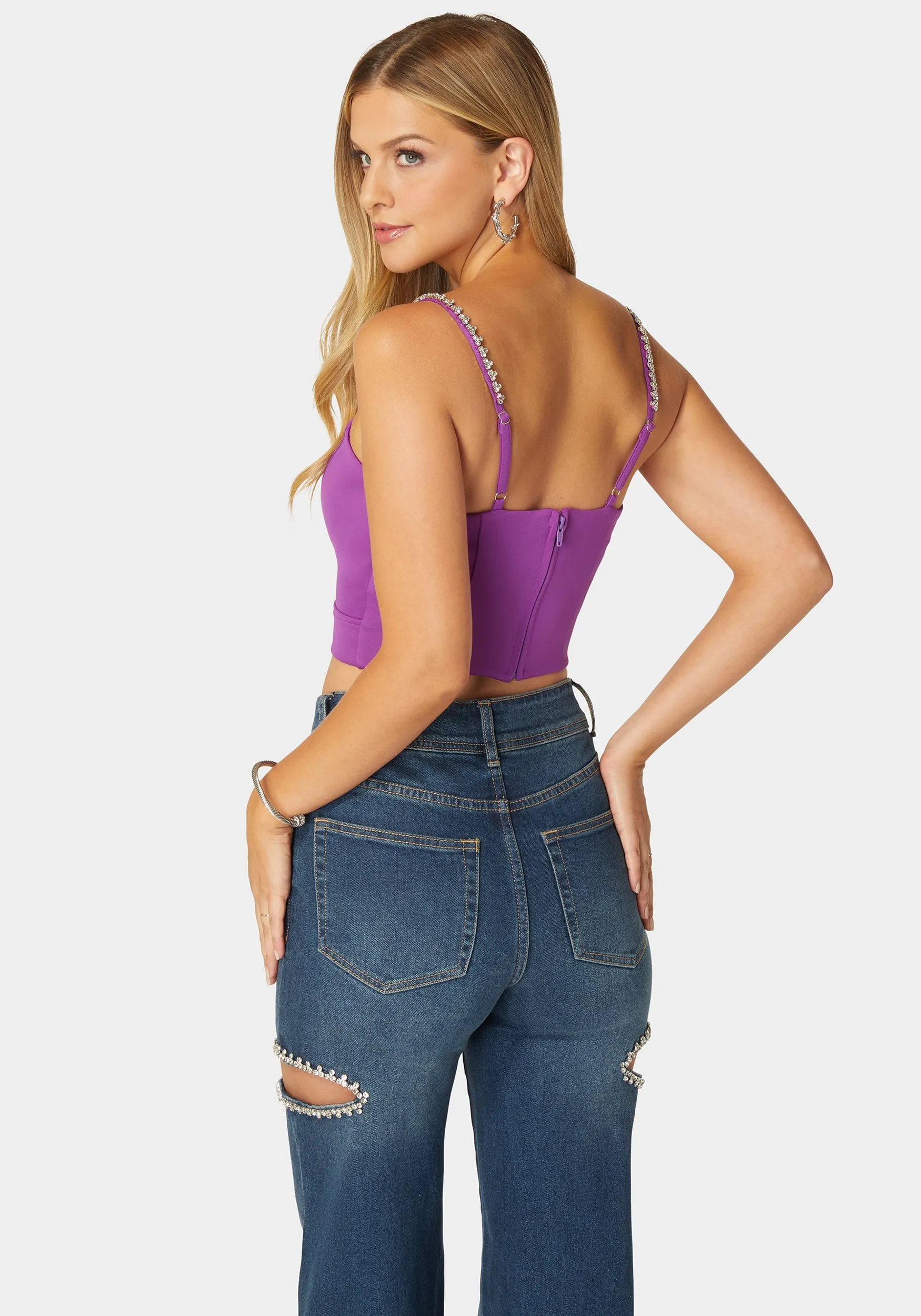 Rhinestone Trim Sleeveless Knit Top