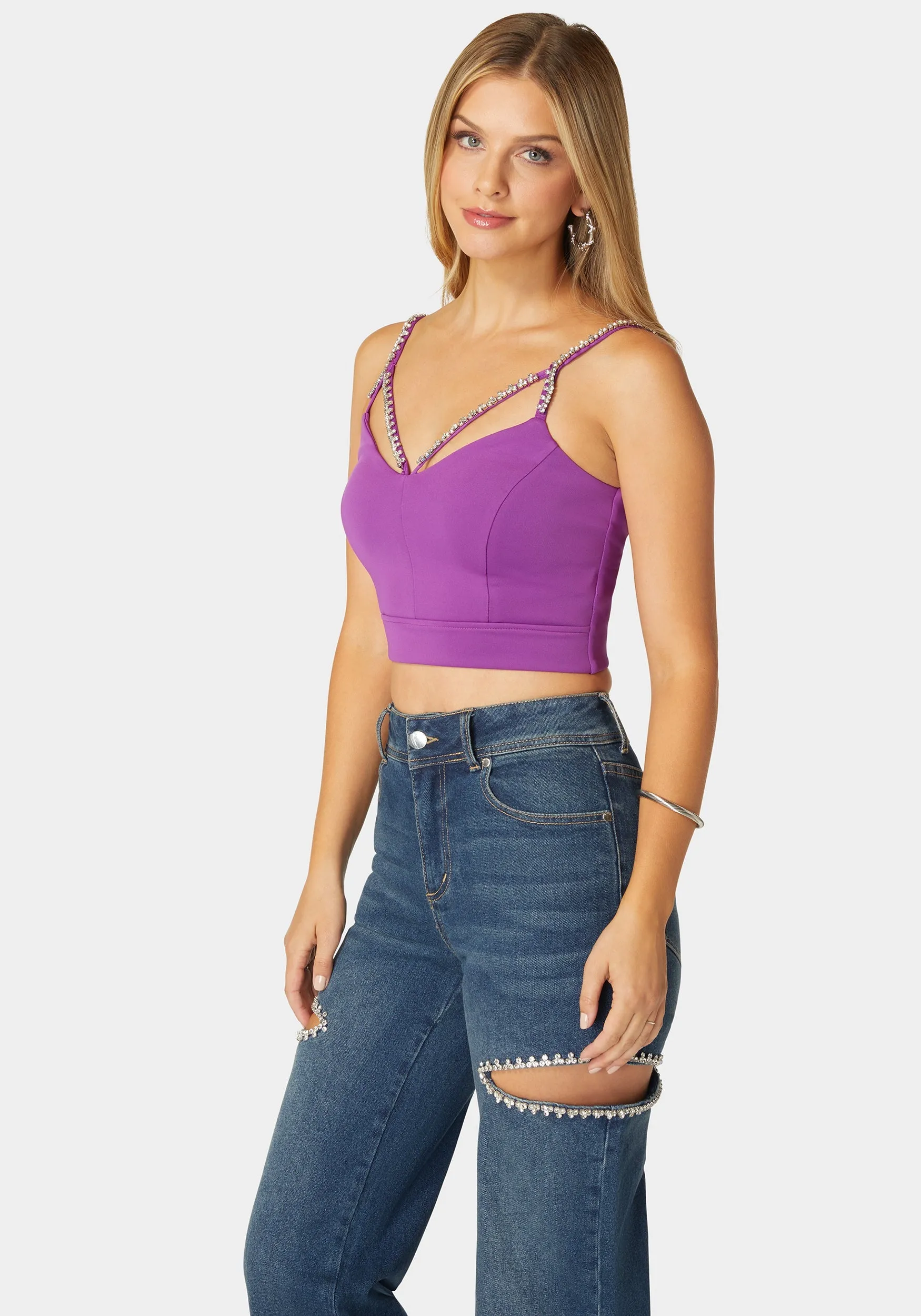 Rhinestone Trim Sleeveless Knit Top