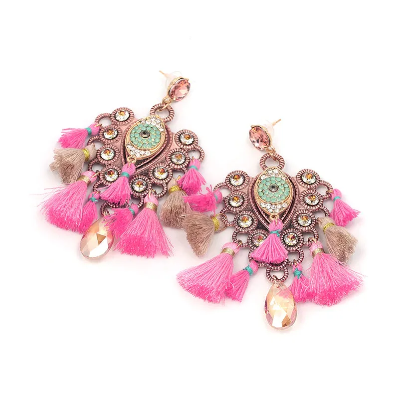 Rose Evil Eye Crystal Tassel Earrings
