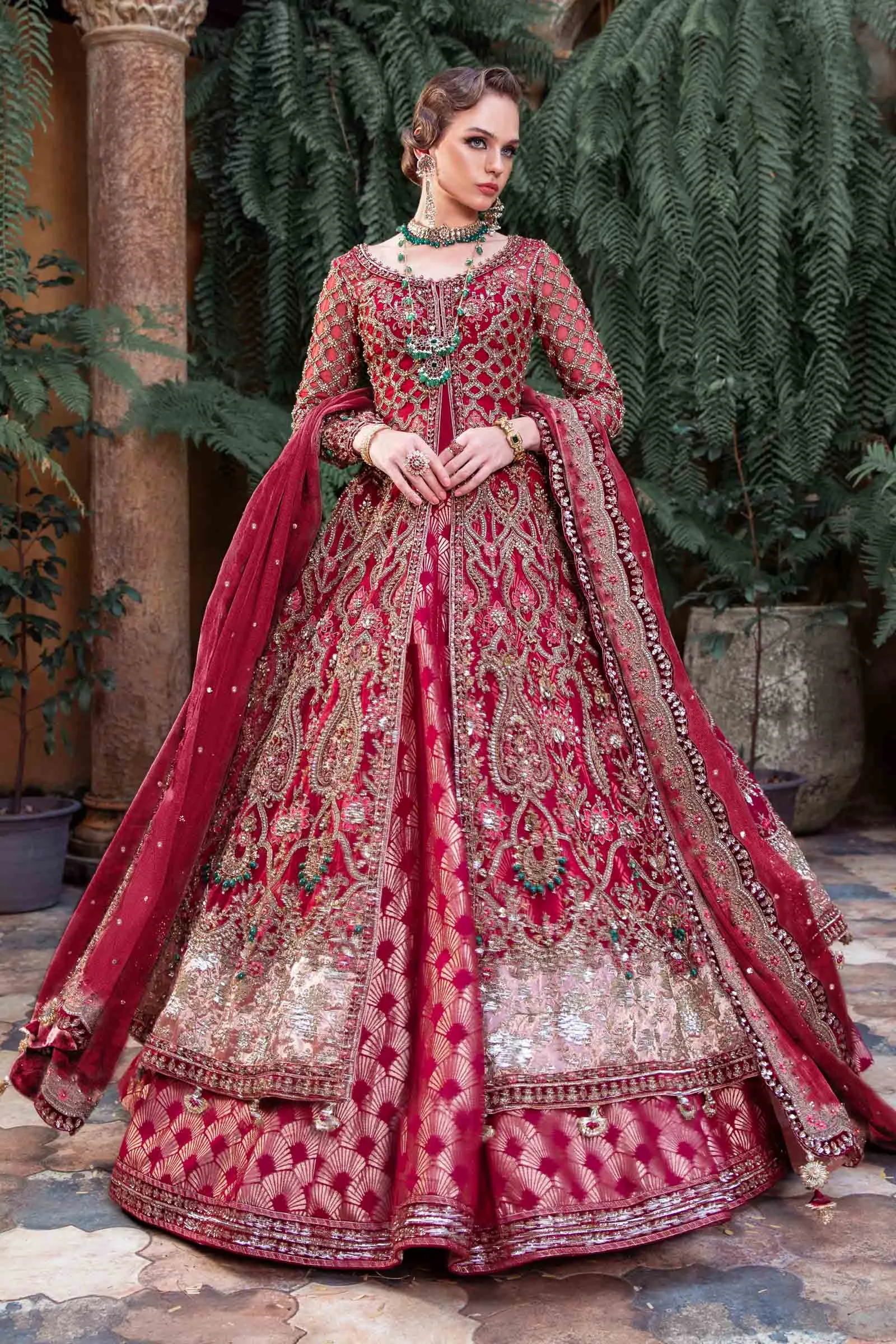 Royal Red Pakistani Bridal Outfit in Gown Lehenga Style
