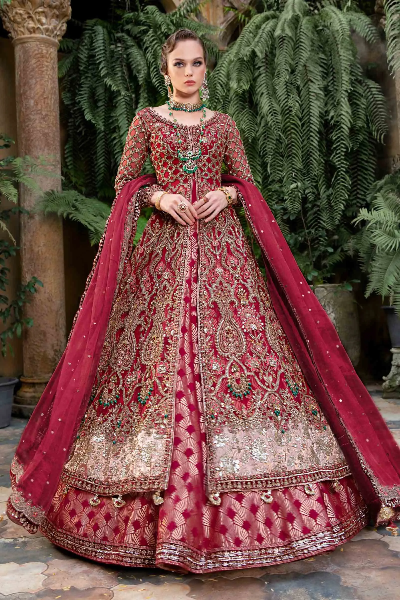 Royal Red Pakistani Bridal Outfit in Gown Lehenga Style