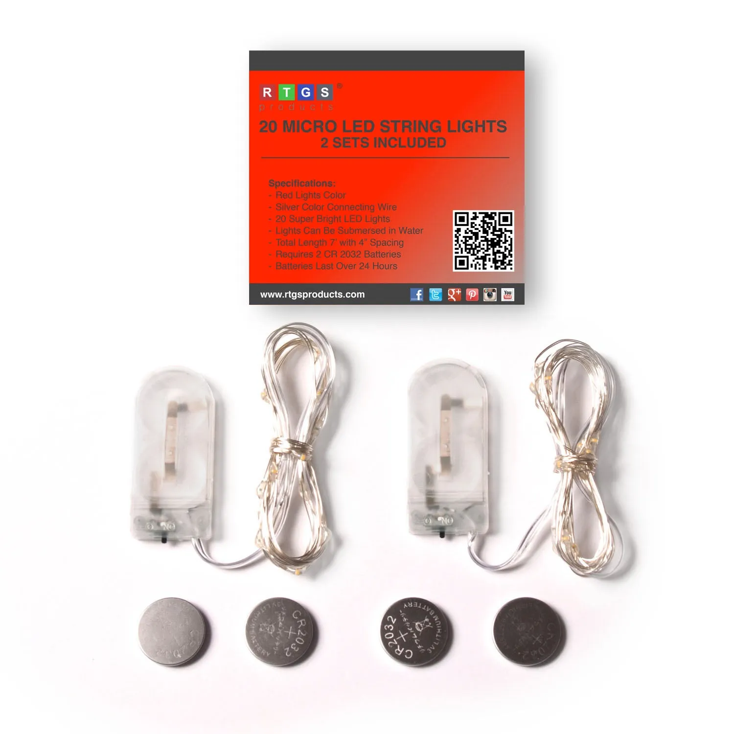 RTGS 2 Sets 20 Red Color LED String Lights Batteries Operated on 6.5 Feet Silver Color Wire