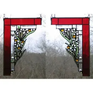 Ruby Medium Floral Corner Pair Stained Glass Window Panels by Edel Byrne