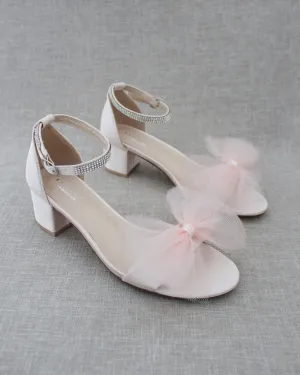 Satin Block Heel Sandal with Front Oversized Tulle Bow