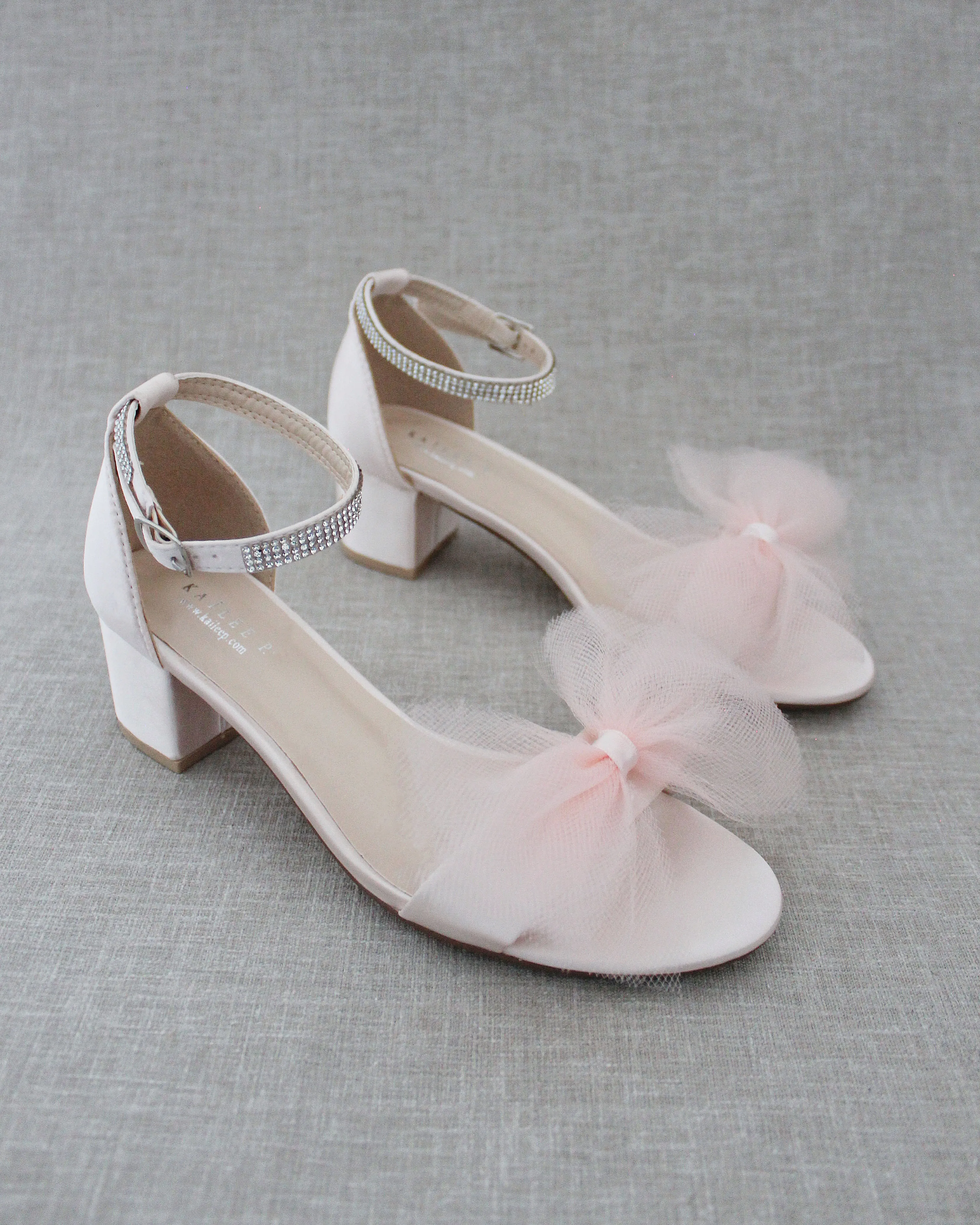 Satin Block Heel Sandal with Front Oversized Tulle Bow