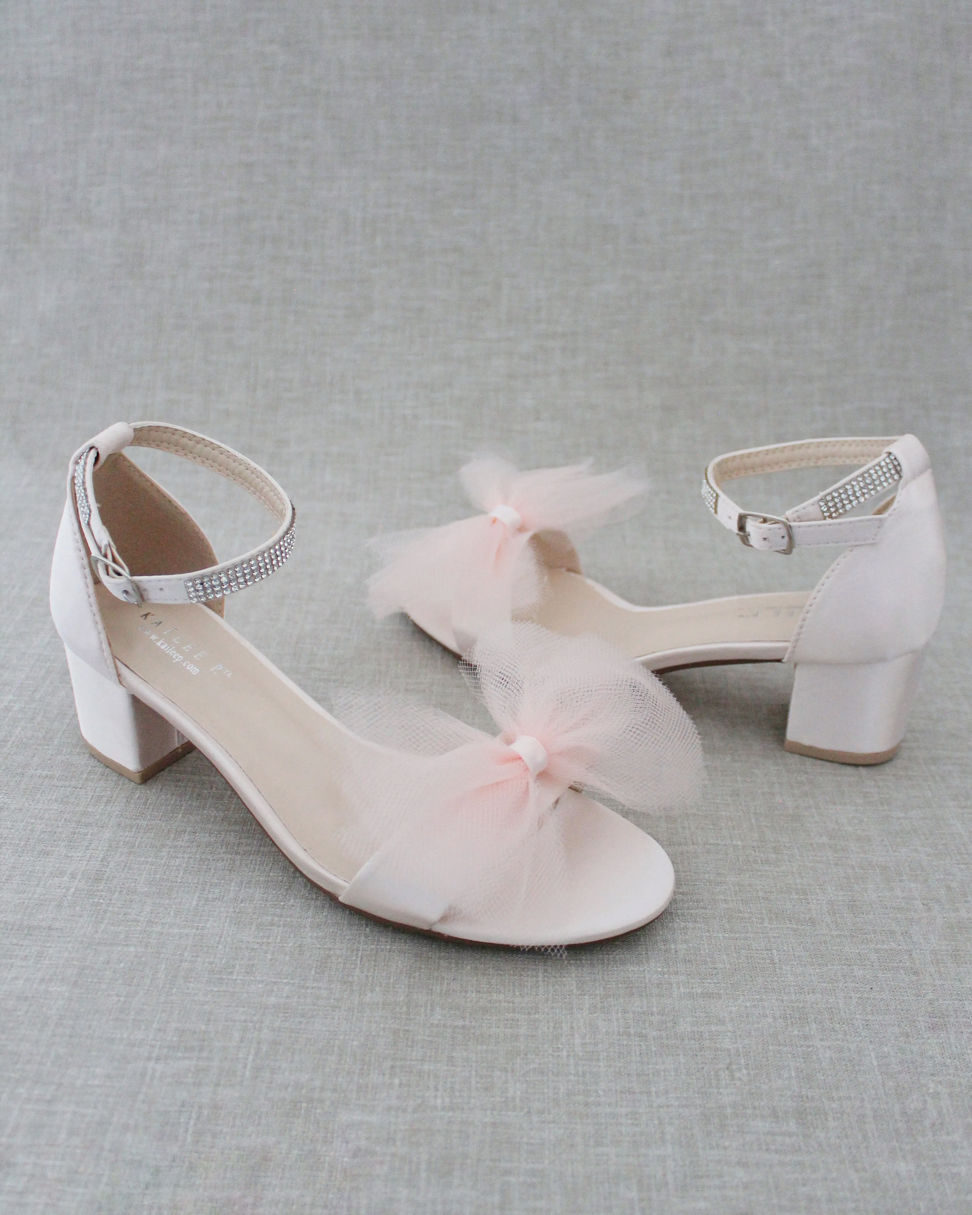 Satin Block Heel Sandal with Front Oversized Tulle Bow
