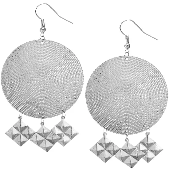 Silver Hammered Thin Disc Studded Earrings