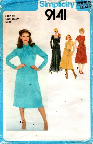 Simplicity 9141 Womens Dress in 2 Lengths with Pockets Neck Tie or Stand Up Collar 1970s Vintage Sewing pattern Size 16 Bust 38 inches UNCUT Factory Folded
