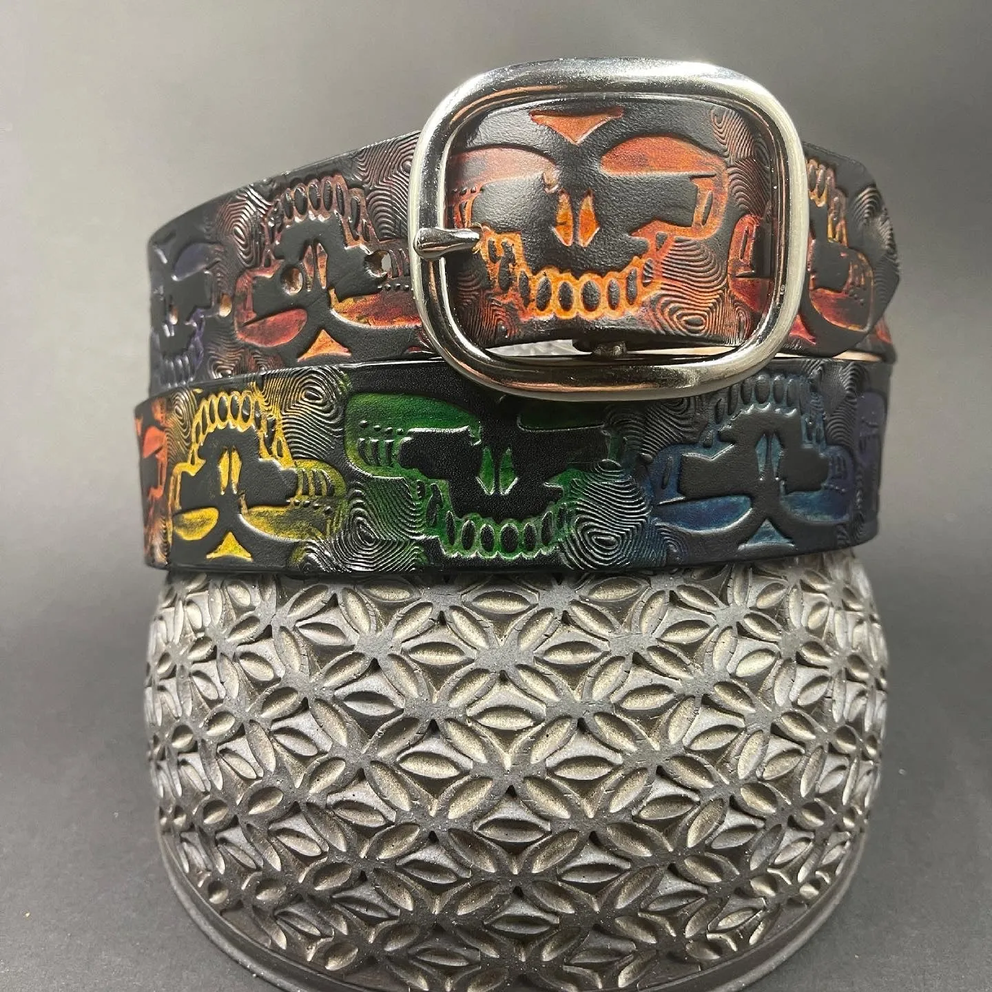 Stamped Leather Belt - Grateful Repeating Large Stealie