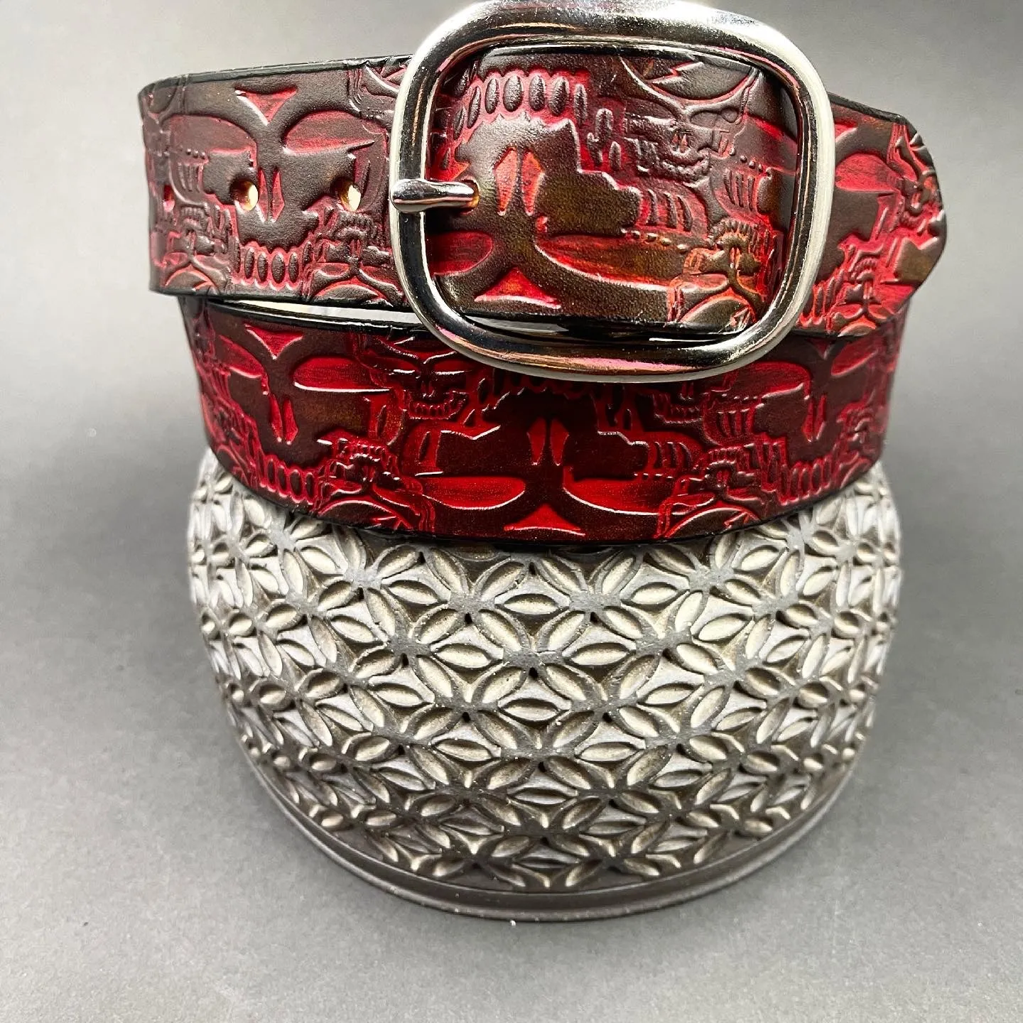 Stamped Leather Belt - Grateful Repeating Large Stealie