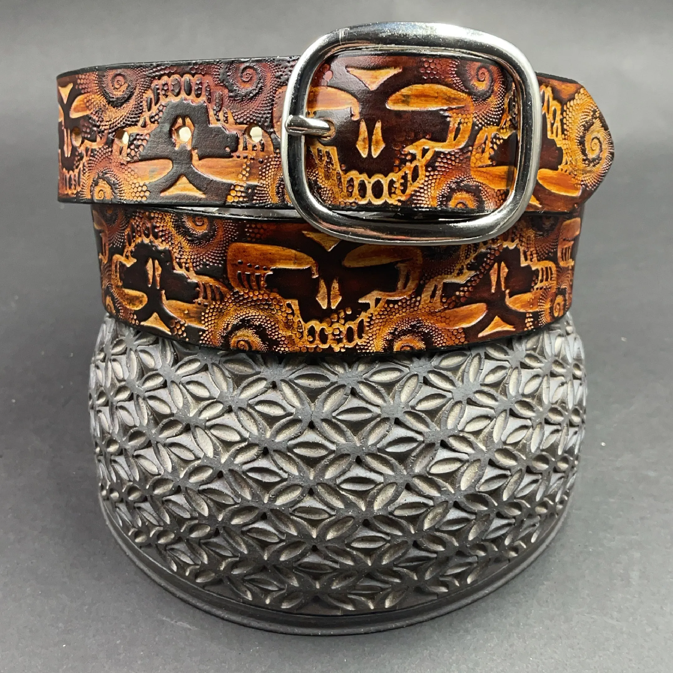 Stamped Leather Belt - Grateful Repeating Large Stealie