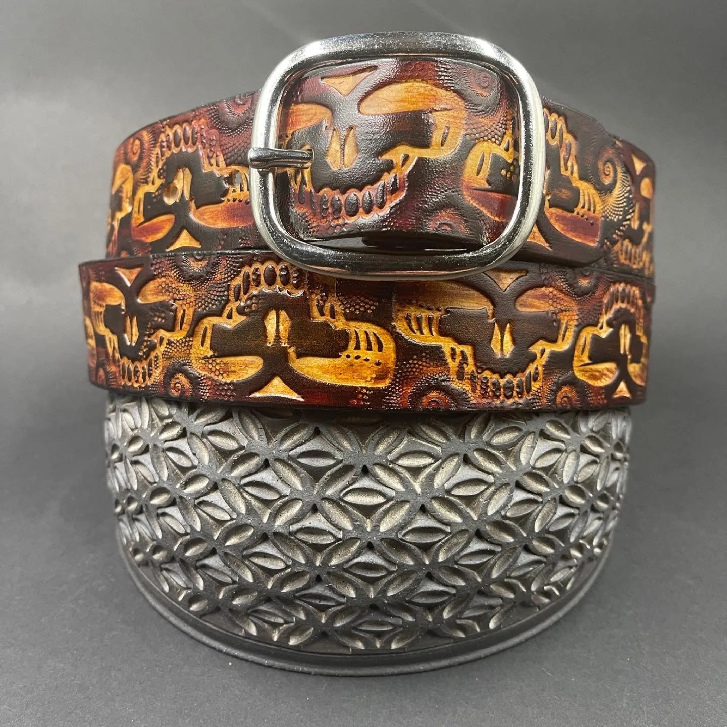 Stamped Leather Belt - Grateful Repeating Large Stealie