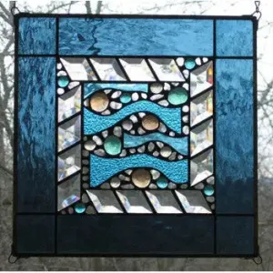 Steel Blue Border Wave Stained Glass Window Panel by Edel Byrne