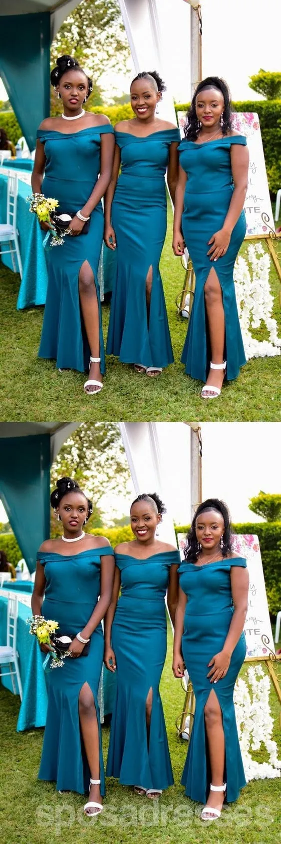 Teal Mermaid Off Shoulder Side Slit Cheap Long Bridesmaid Dresses,WG1529