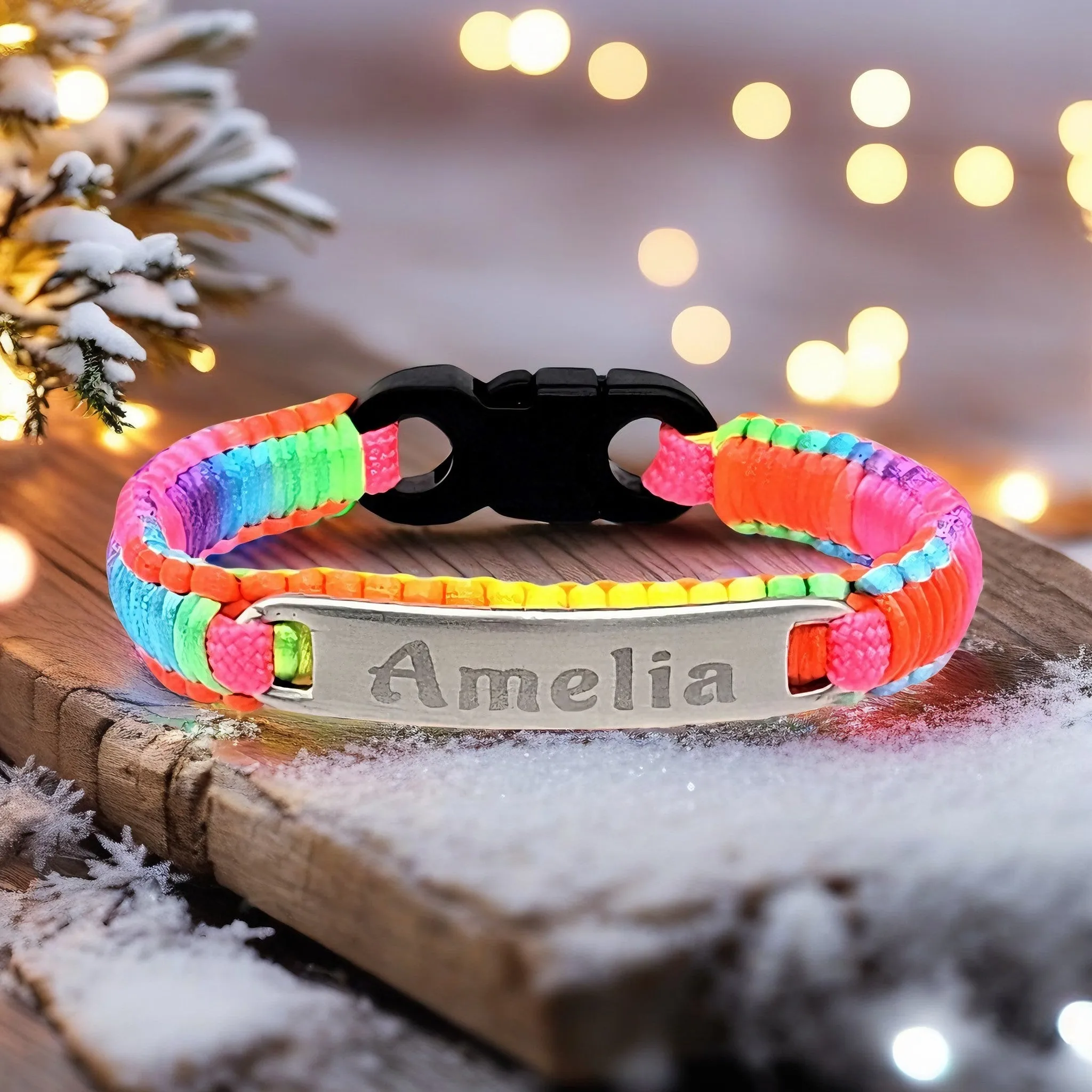 Tie Dye Satin Bracelet with Custom Engraved Stainless Steel ID Tag