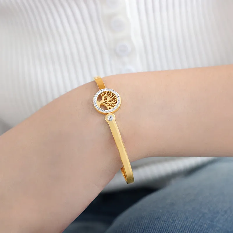 Trendy Design Gold Plated Stainless steel Diamond Tree Of Life Bracelet Bangle for Women