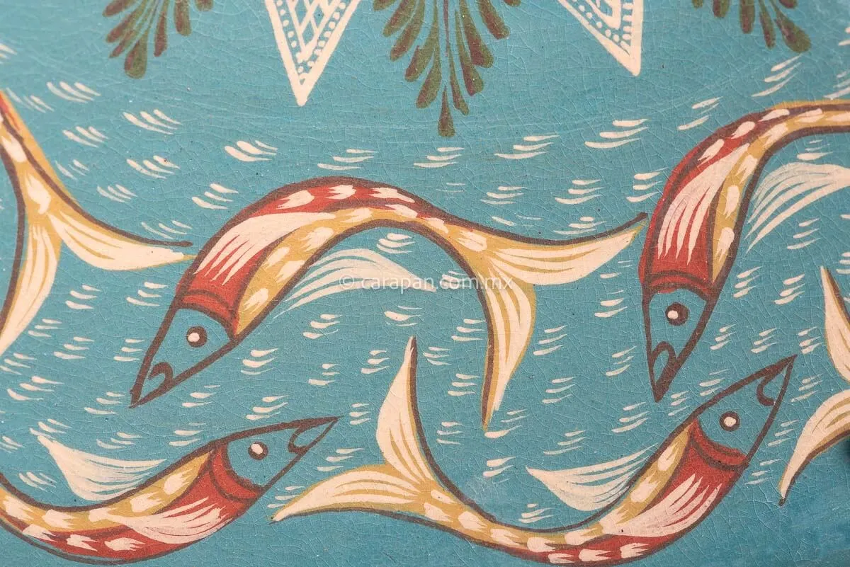 Turquoise Blue Glazed Bowl With Fish Hand Painted