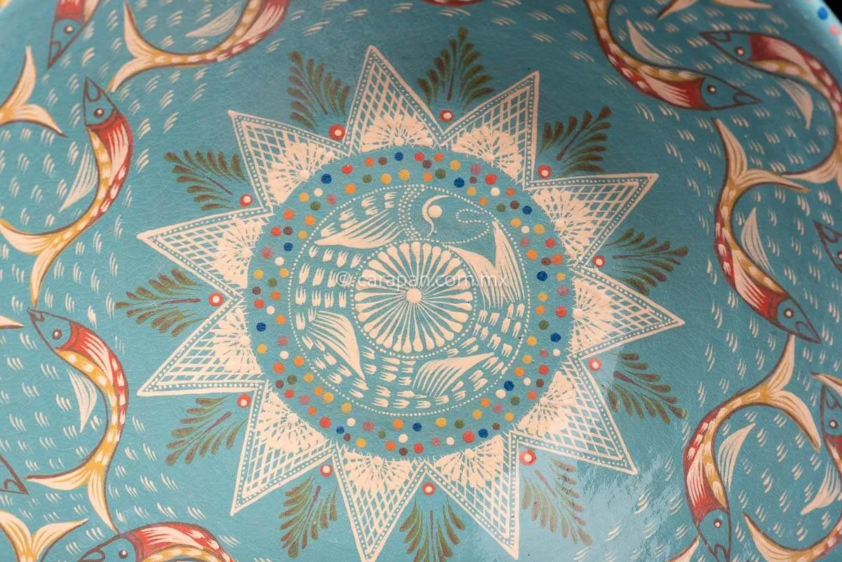 Turquoise Blue Glazed Bowl With Fish Hand Painted