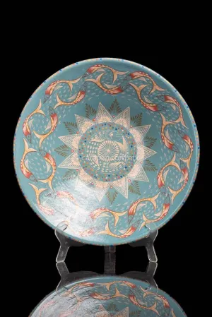 Turquoise Blue Glazed Bowl With Fish Hand Painted