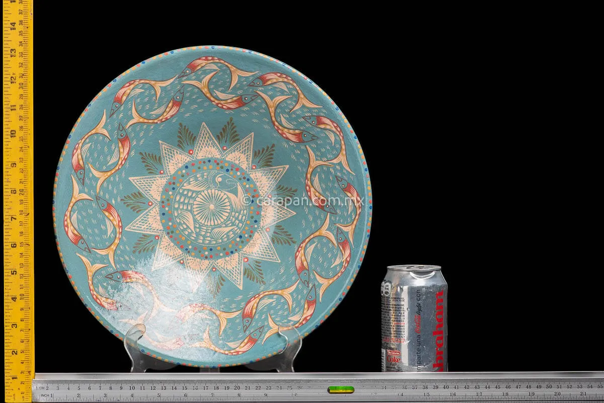 Turquoise Blue Glazed Bowl With Fish Hand Painted
