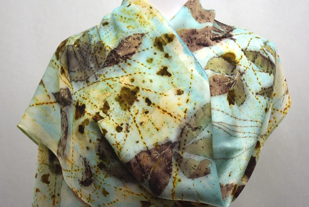 Turquoise Hand Dyed eco printed one of a kind fashion woman's Silk Satin Scarf