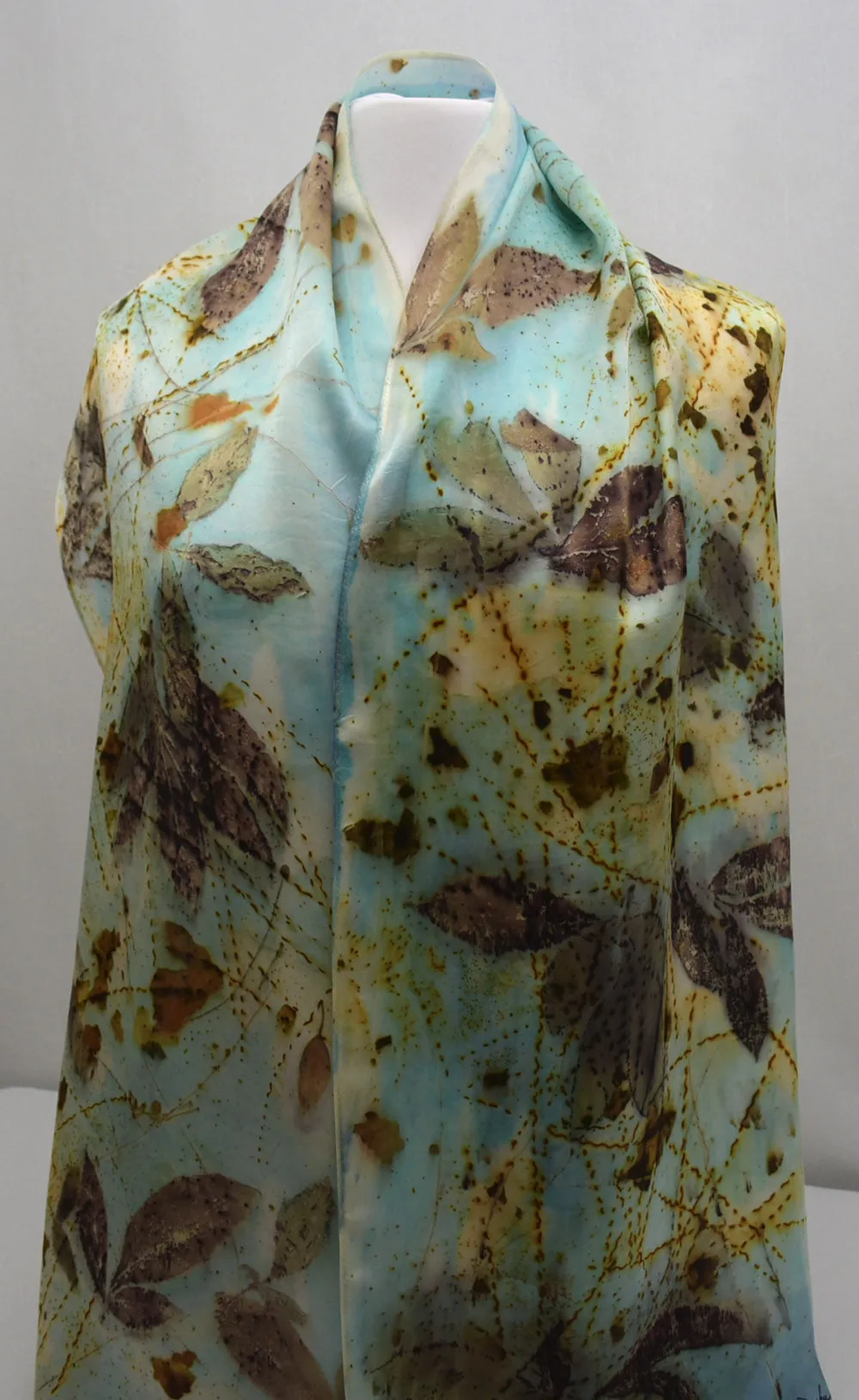 Turquoise Hand Dyed eco printed one of a kind fashion woman's Silk Satin Scarf
