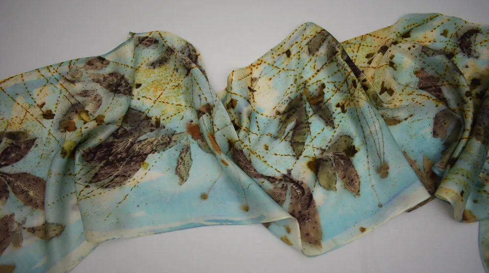 Turquoise Hand Dyed eco printed one of a kind fashion woman's Silk Satin Scarf