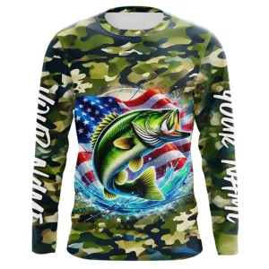US Flag Largemouth Bass Fishing Camo Custom Patriotic Long Sleeve Tournament Fishing Shirts IPHW8161