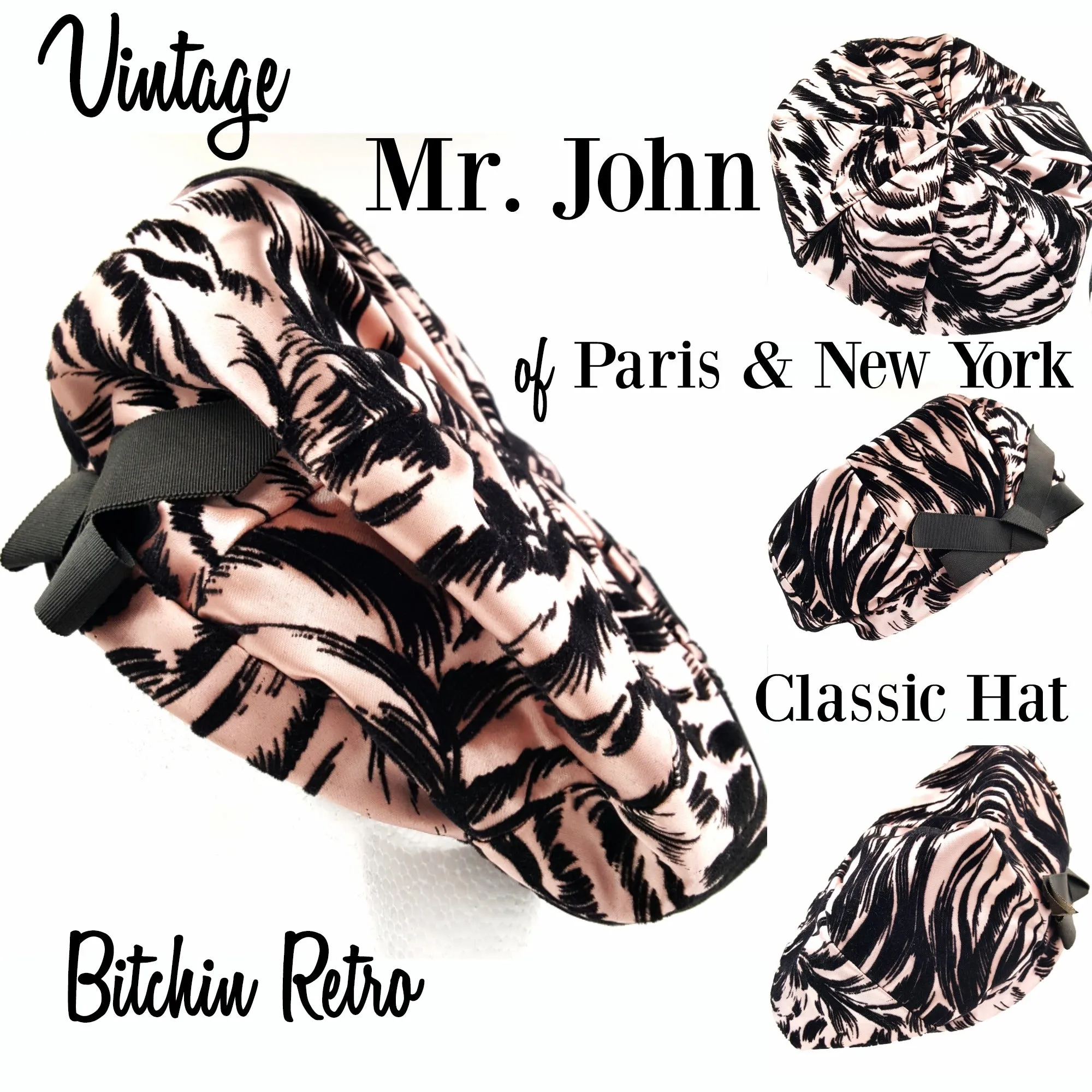 Vintage Mr John Classic Hat, Pink and Black Velvet Animal Print with Bow