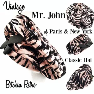 Vintage Mr John Classic Hat, Pink and Black Velvet Animal Print with Bow