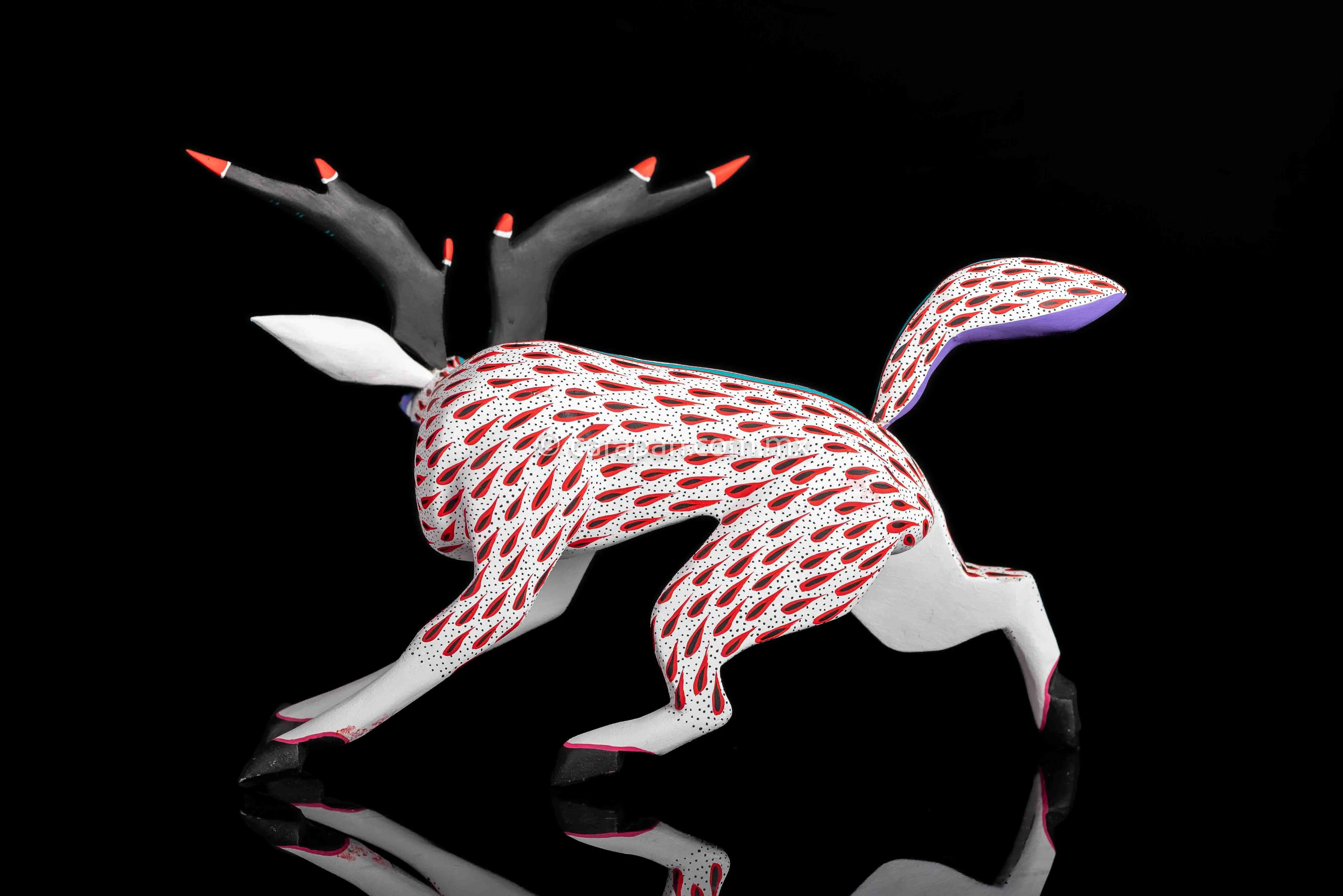White  & Red Deer Mexican Wood Carving Alebrije