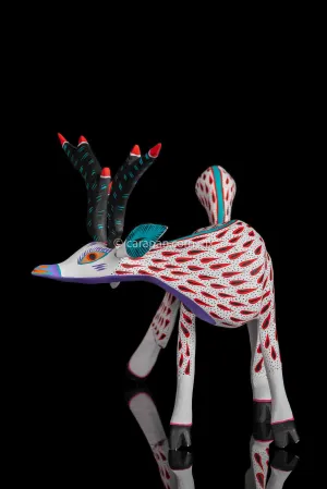 White  & Red Deer Mexican Wood Carving Alebrije