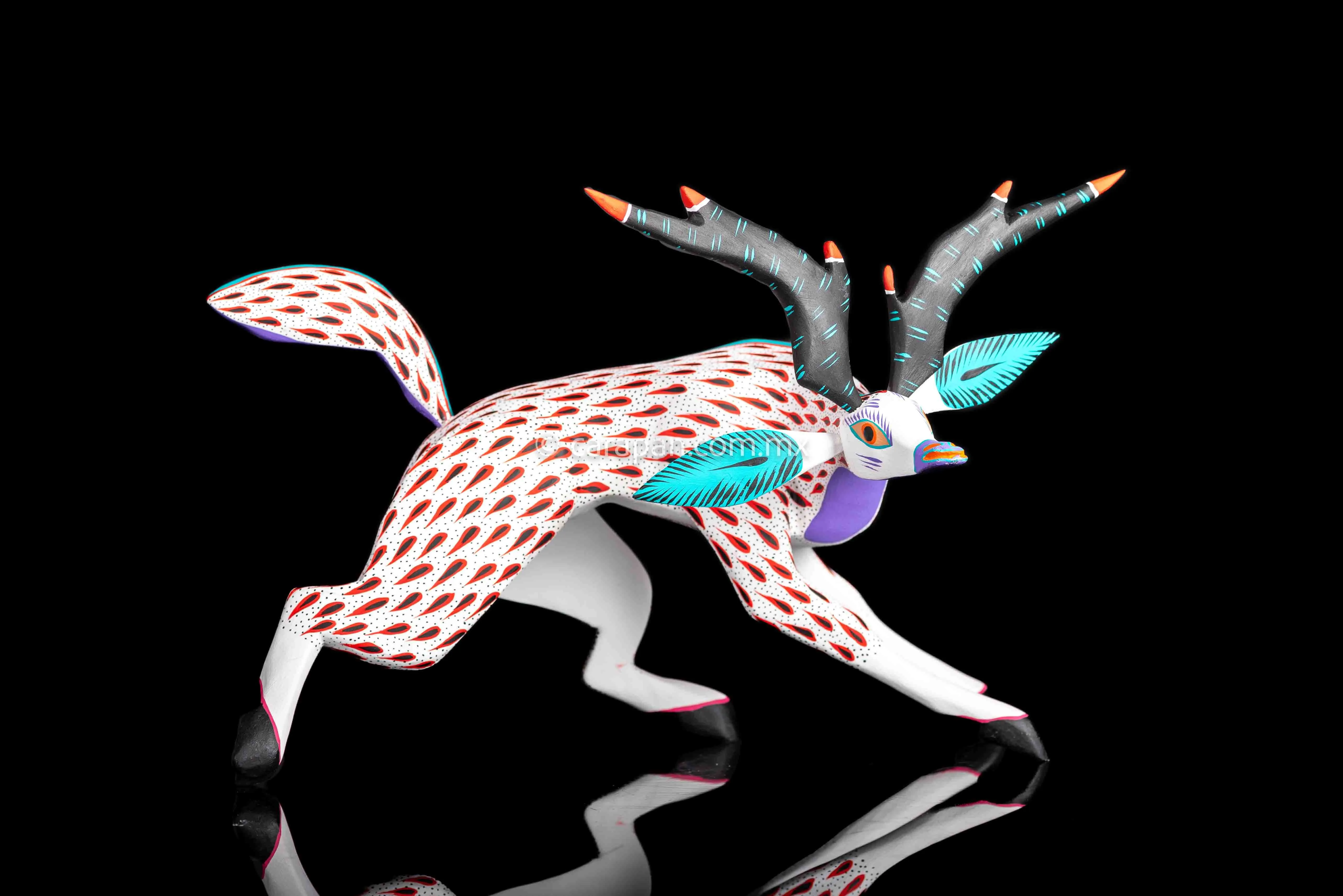White  & Red Deer Mexican Wood Carving Alebrije
