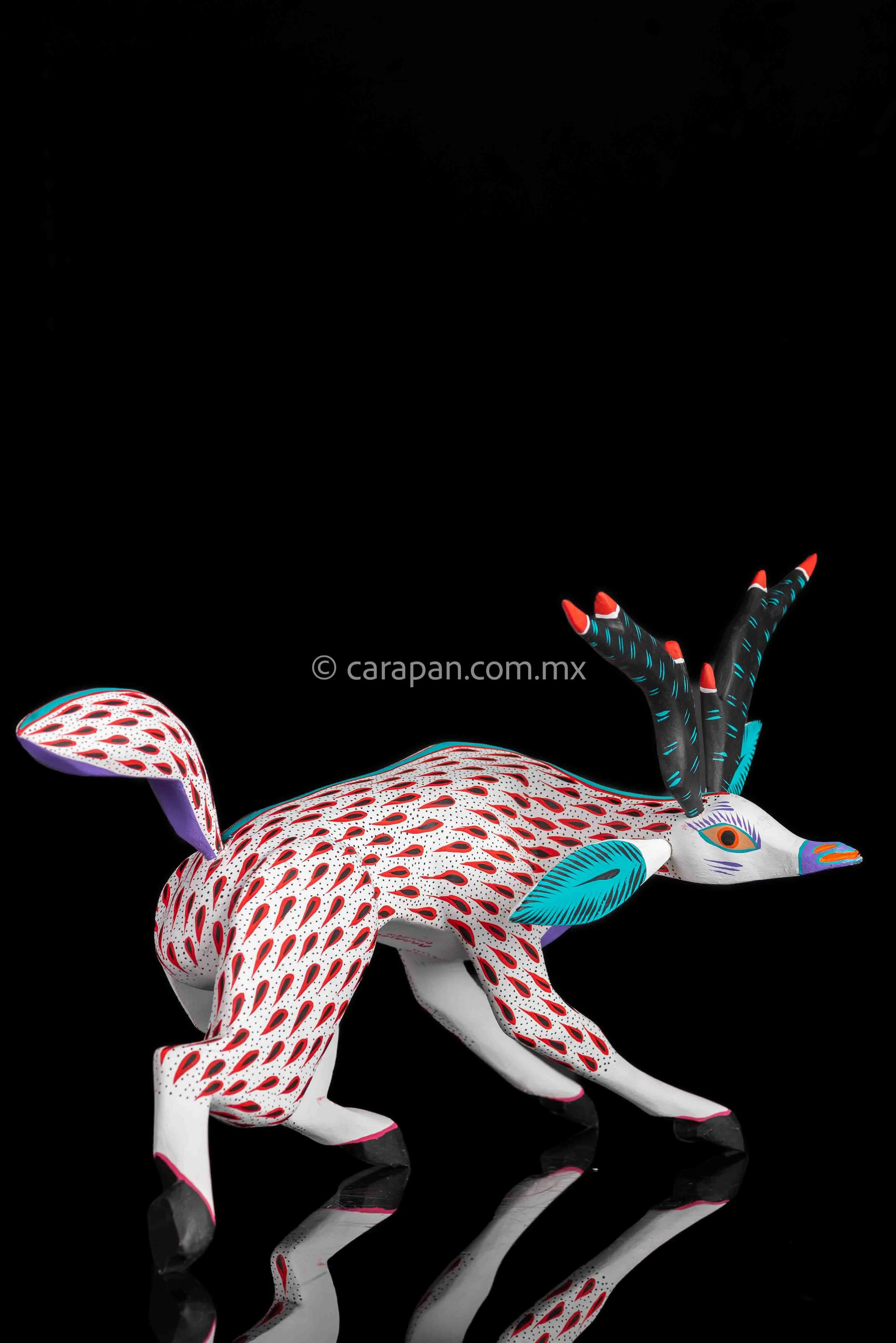 White  & Red Deer Mexican Wood Carving Alebrije