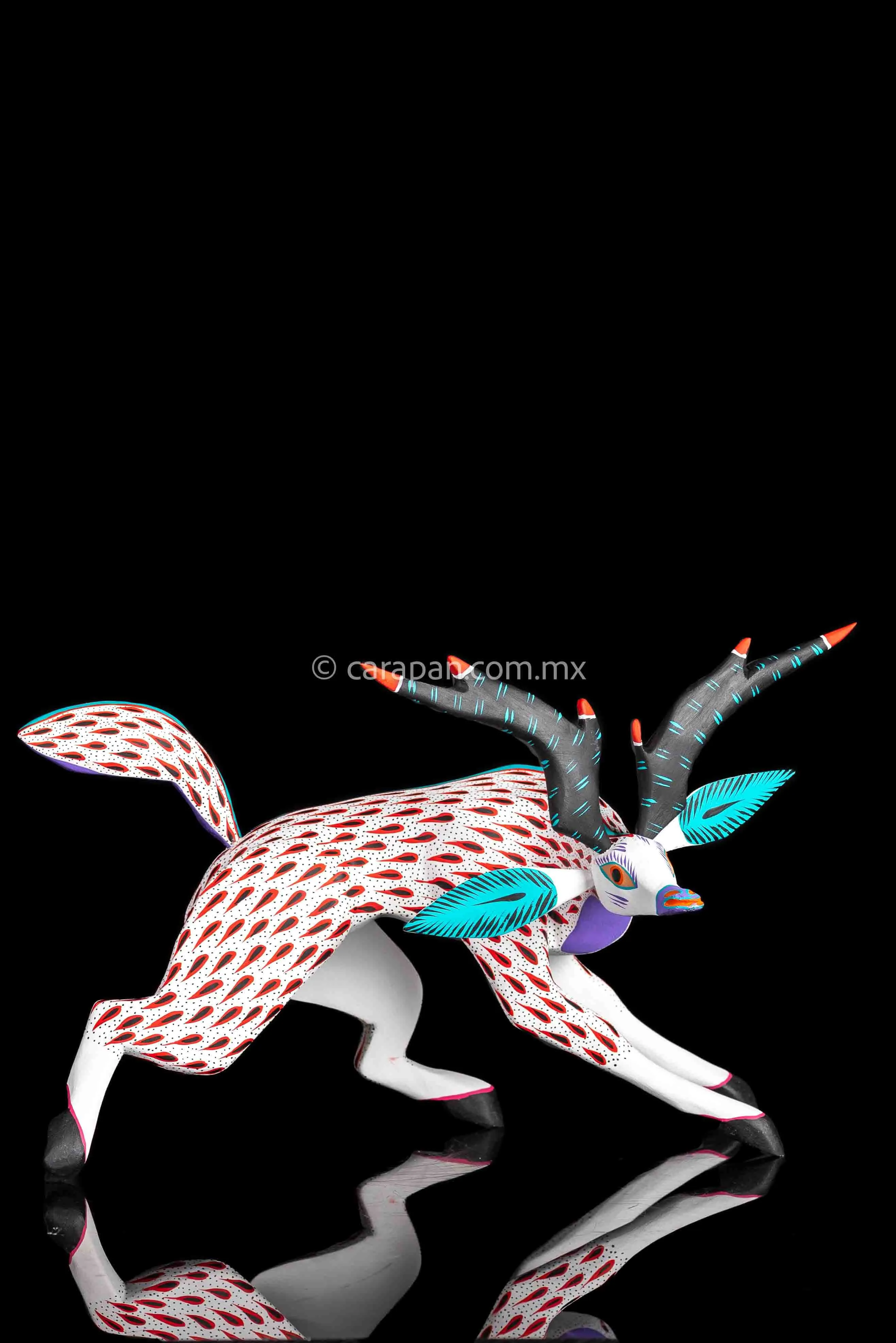 White  & Red Deer Mexican Wood Carving Alebrije