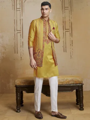 Yellow and Red Worked Three Piece Indo Western Set